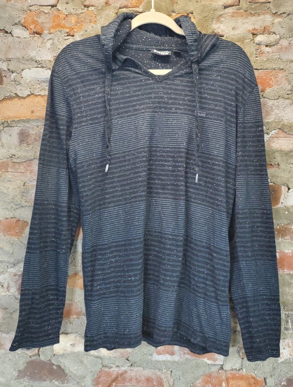 VANS Mens Hoodie Pullover S Black Gray Heather Striped Long Sleeve V Neck